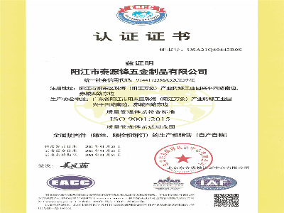 泰源锋五金-ISO9001 :2015 国际质量体系符合证明